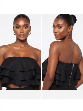 Black Strapless Ruffled Crop Top